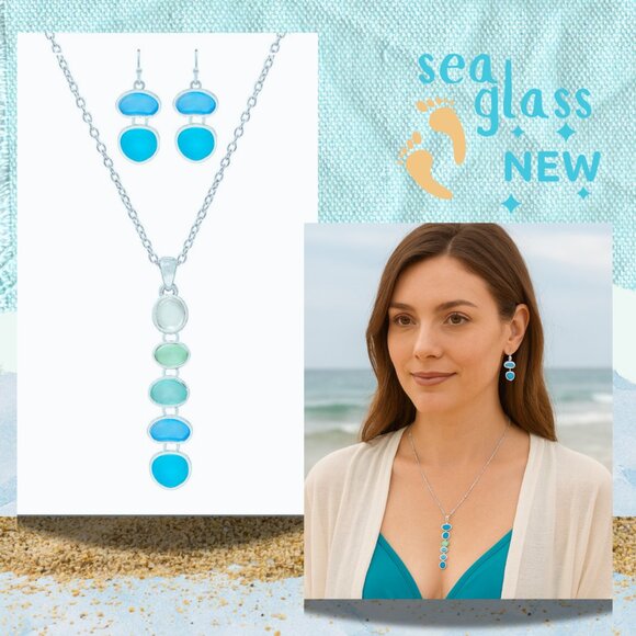 Lovely Natural Sea Glass Silver Hypoallergenic Beach Vibe Necklace Earrings SET - Picture 2 of 4